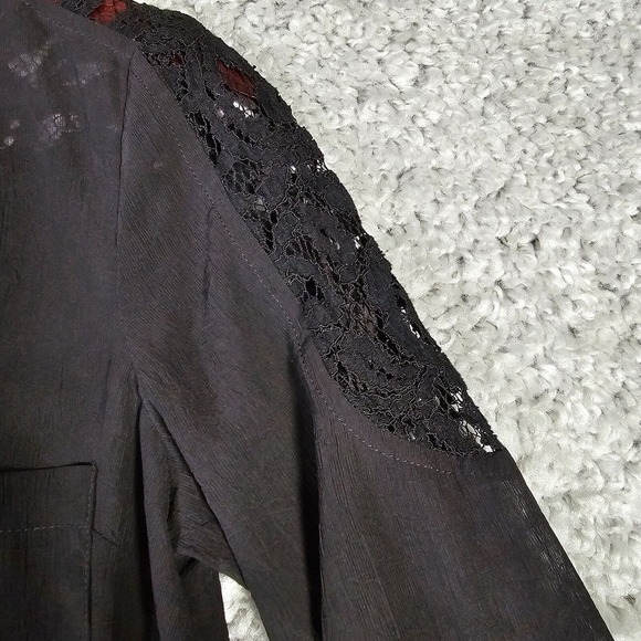 Bebe Womens Sheer Lace Button Up Blouse Black Tie Front Long Sleeve‎ Small Goth - Picture 7 of 13
